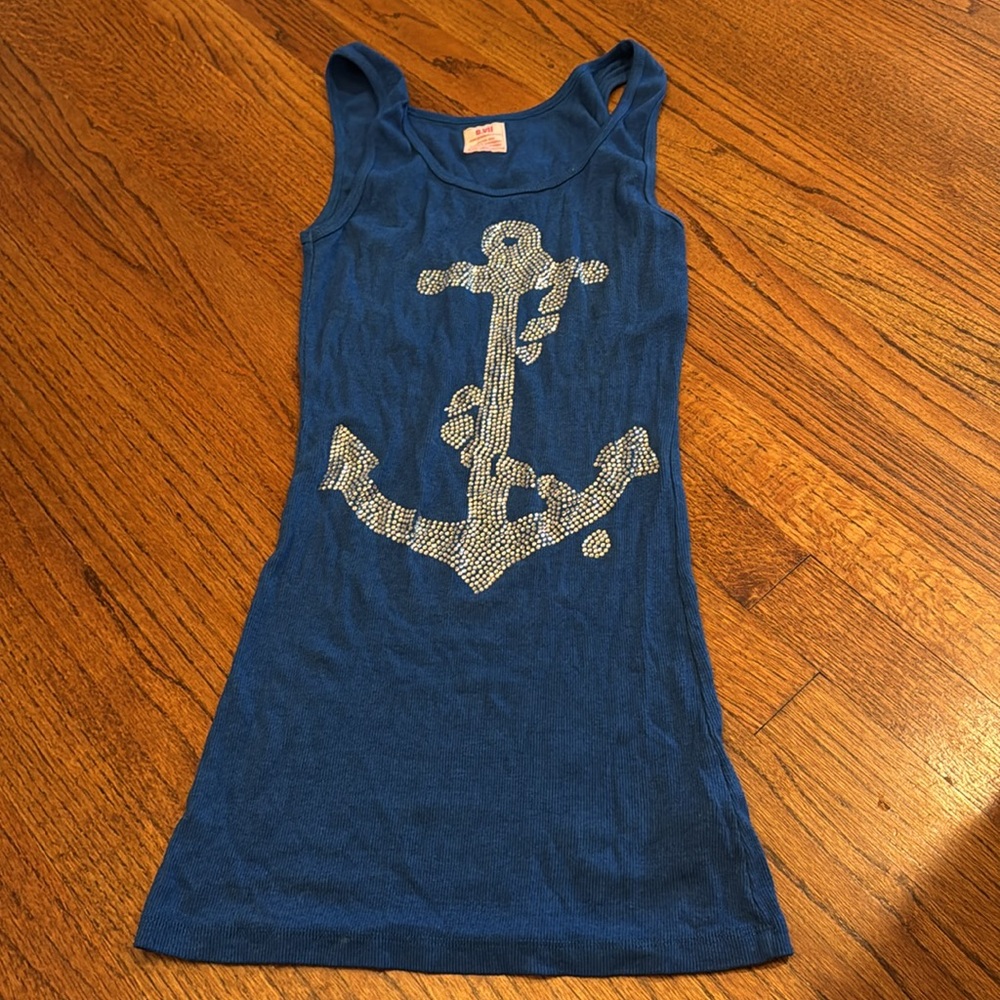 E.vil rhinestone Blue Tank Top with Anchor Design